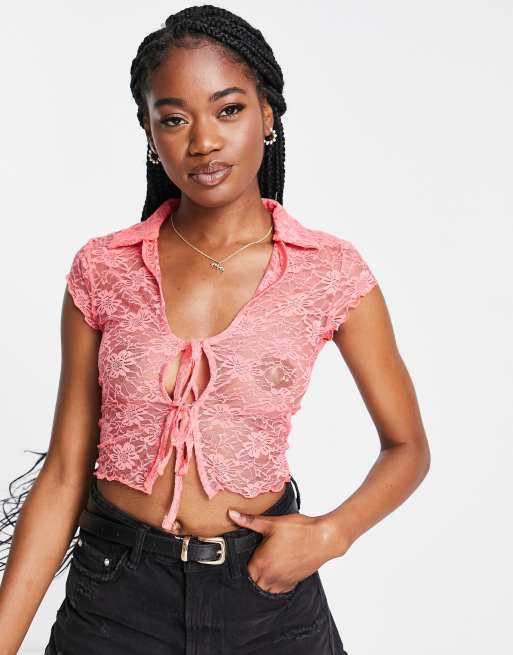 Miss Selfridge - Top noué devant en dentelle à mancherons - Corail