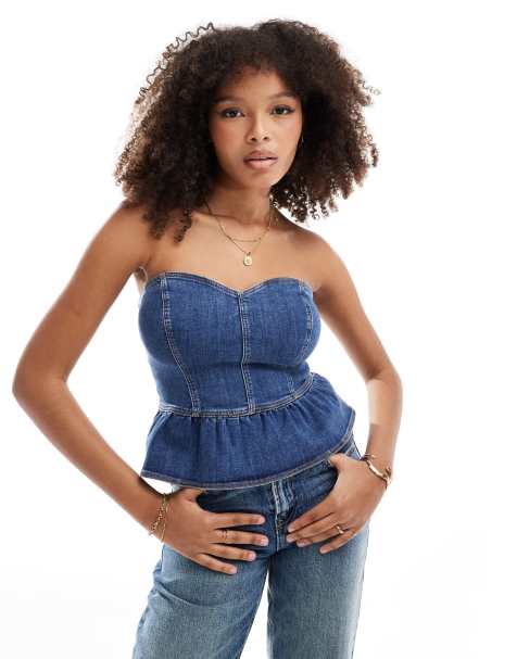 Miss Selfridge - Top peplo a fascia in denim blu lavaggio medio - view 1