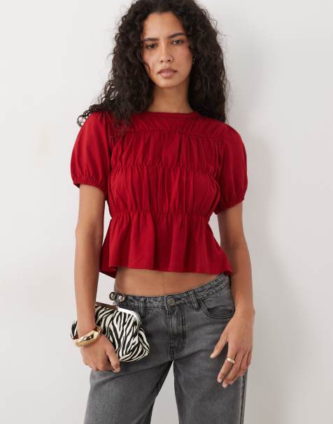Miss Selfridge top peplo arricciato rosso - view 1