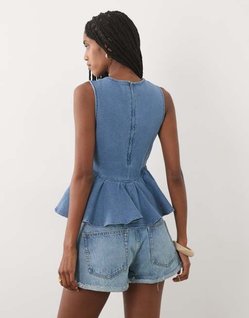 Miss Selfridge - top peplum vaquero en lavado claro, 4 de 4