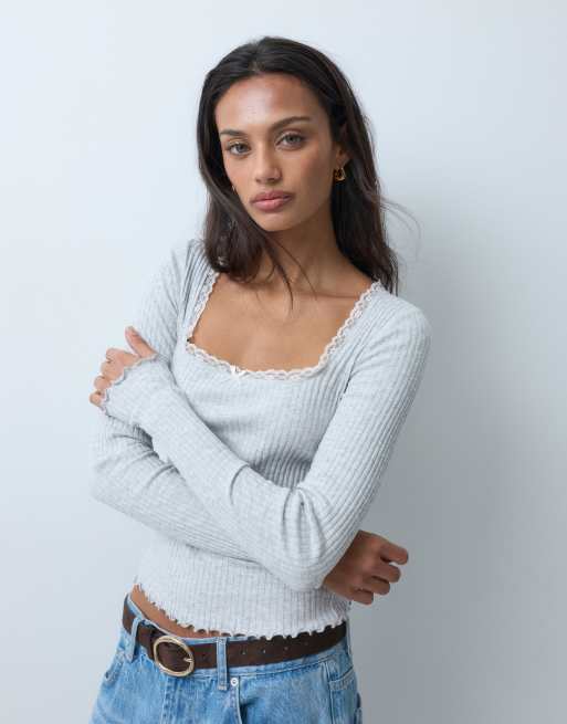 Miss Selfridge top pointelle con scollo quadrato in grigio mélange, 3 di 5