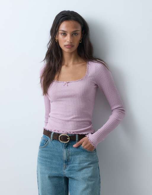 Miss Selfridge top pointelle con scollo quadrato rosa, 5 di 5
