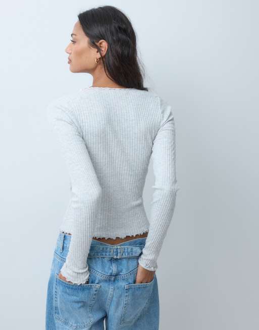 Miss Selfridge top pointelle z kwadratowym dekoltem w szary melanż, 5 z 5