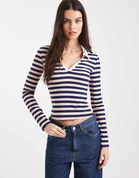 Miss Selfridge - Top polo manches longues en tissu côtelé à rayures - Bleu marine - view 1