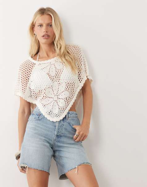 Miss Selfridge - Top poncho crocheté à fleurs - Crème - view 1