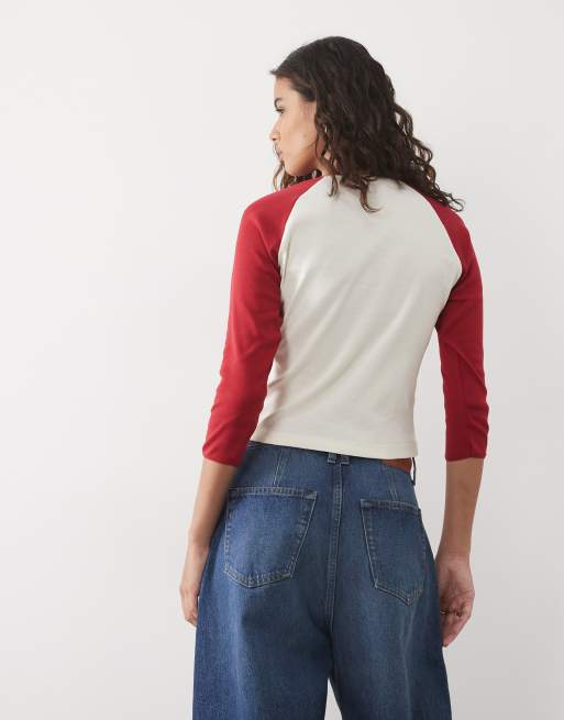 Miss Selfridge top raglan avec bordure picot crème et rouge, 4 de 4