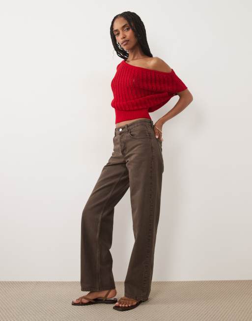 Miss Selfridge - Top rojo con escote Bardot y detalle drapeado de punto, 2 de 4