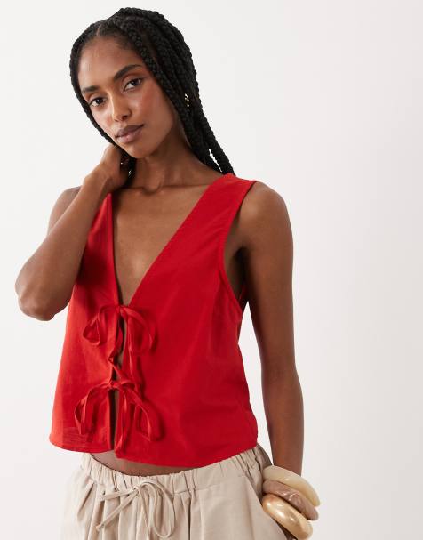 Miss Selfridge - Top rojo con lazada delantera de mezcla de lino - view 1