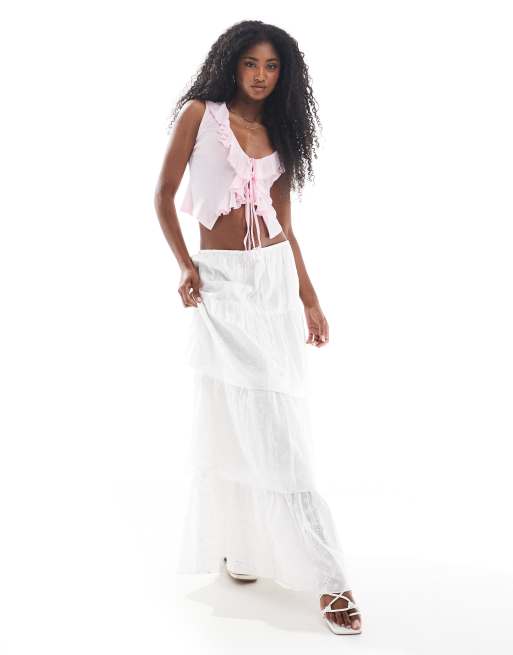 Miss Selfridge - Top rosa chiaro trasparente in jersey elasticizzato allacciato sul davanti con volant, 2 di 4