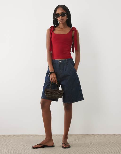 Miss Selfridge - Top rosso con spalline annodate, 2 di 4