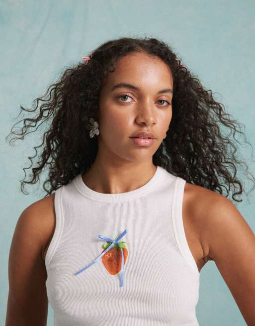 Miss Selfridge - Top senza maniche bianco con fragola con fiocco