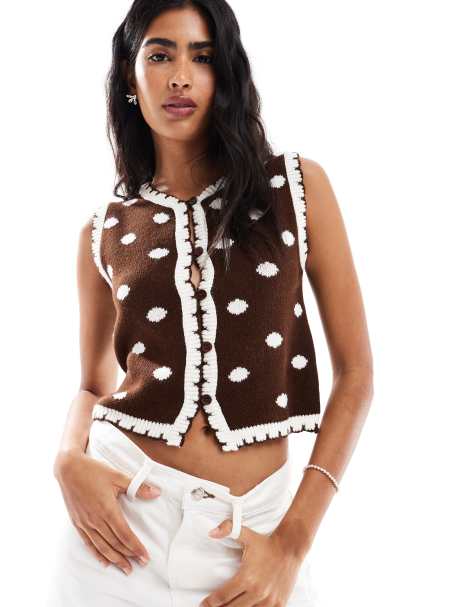 Miss Selfridge - Top senza maniche color cioccolato con motivo a pois - view 1