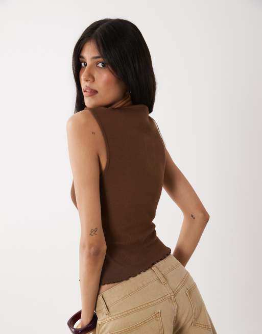 Miss Selfridge - Top senza maniche marrone a coste con apertura a goccia, 4 di 4