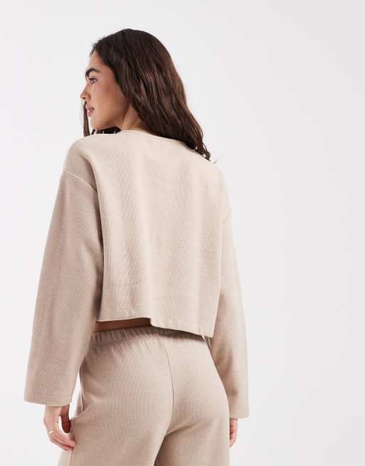 Miss Selfridge - Top serafino a coste color avena in coordinato, 3 di 4