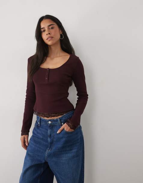 Miss Selfridge top serafino a maniche lunghe a coste bordeaux - view 1