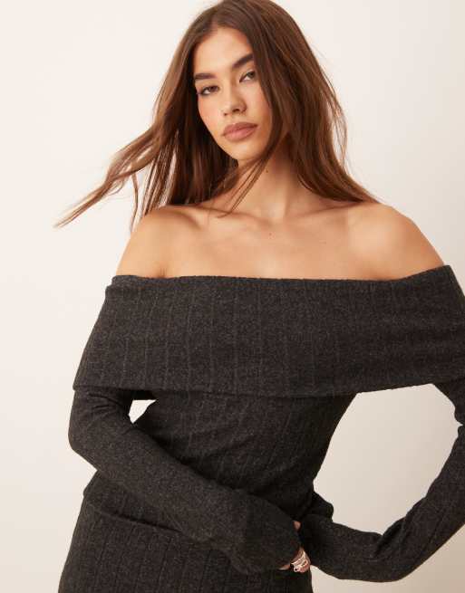 Miss Selfridge - Top spesso spazzolato a coste con scollo alla Bardot