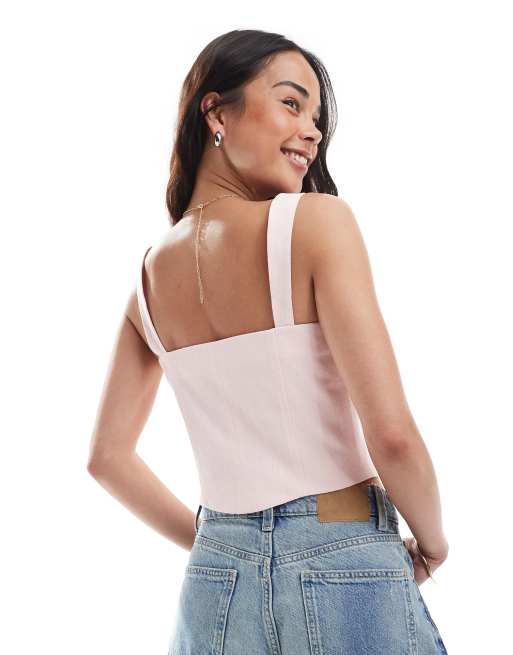 Miss Selfridge - Top stile corsetto con fiocco in misto lino rosa chiaro, 2 di 4
