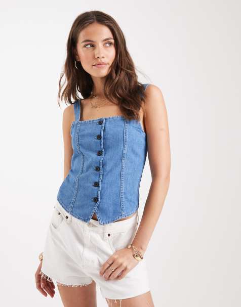 Miss Selfridge - Top stile corsetto in denim lavaggio blu medio - view 1