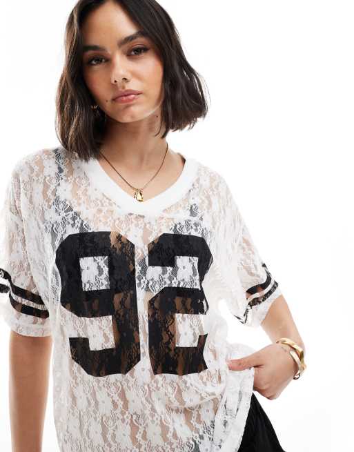 Miss Selfridge - Top stile football bianco in pizzo