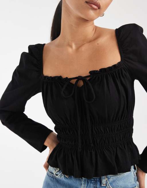 Miss Selfridge - Top stile milkmaid nero con maniche a palloncino a maniche lunghe, 4 di 4