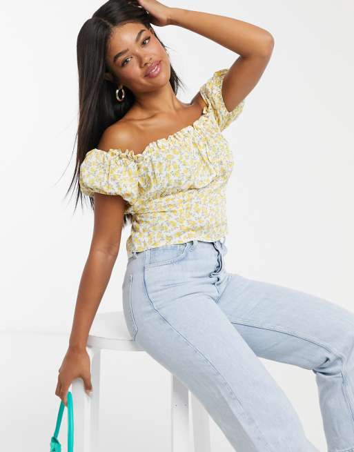 Miss Selfridge - Top style Bardot à imprimé citrons - Jaune