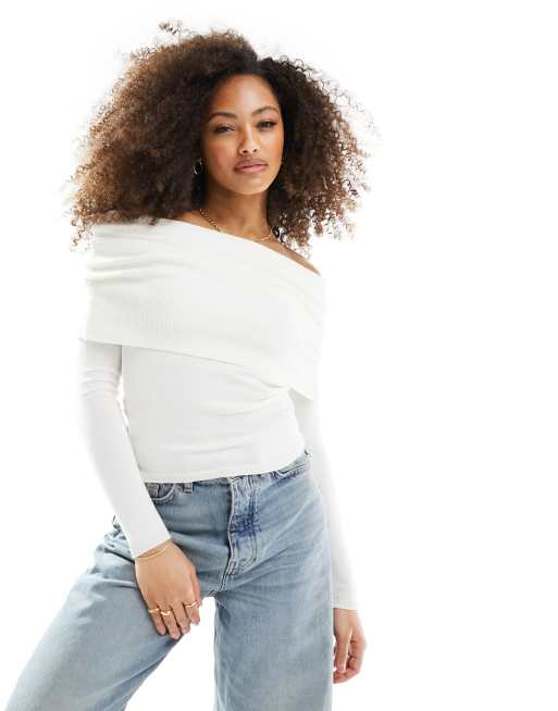 Miss Selfridge - Top taglio lungo in maglia color avorio con scollo alla Bardot