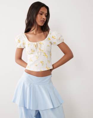 Top tendance folk à petites fleurs et manches bouffantes-multicolore 34