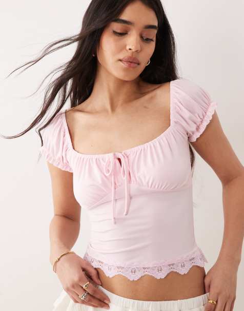 Miss Selfridge - Top tendance folk avec ourlet en dentelle - Rose - view 1