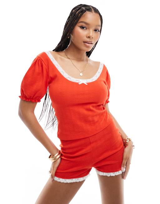 Miss Selfridge - Top tendance folk en maille pointelle - Rouge
