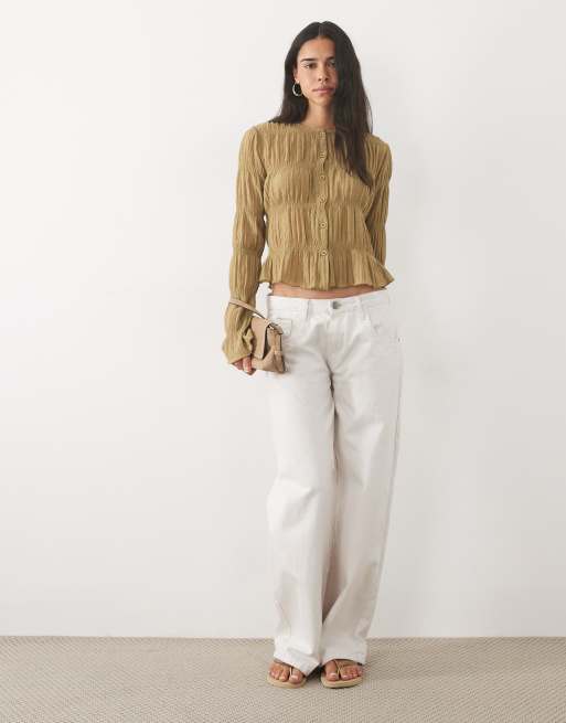 Miss Selfridge top testurizzato con bottoni e maniche svasate, verde oliva, 2 di 4