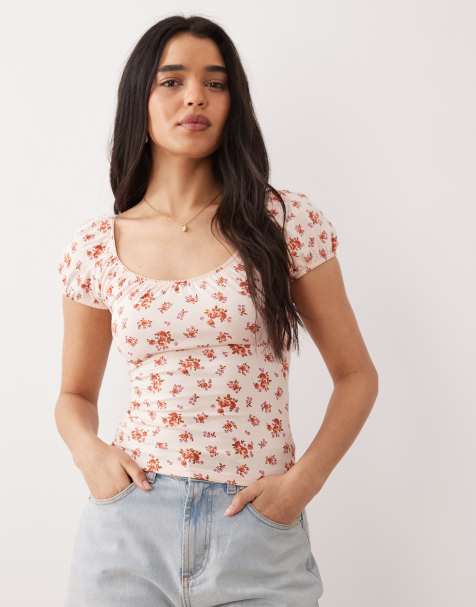 Miss Selfridge – Top typu milkmaid w drobny różowy wzór - view 1