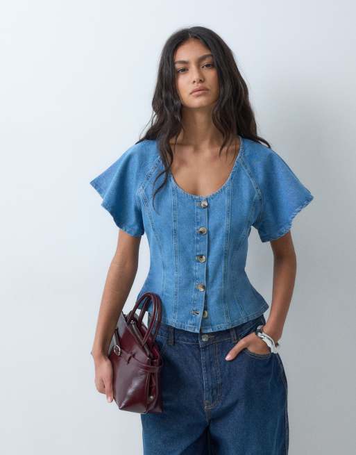 Miss Selfridge top van denim met ruchesmouwen in mid-wash, 5 van 5