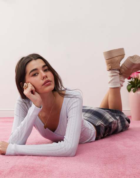 Miss Selfridge - Top van pointelle met overslag in babyblauw - view 1
