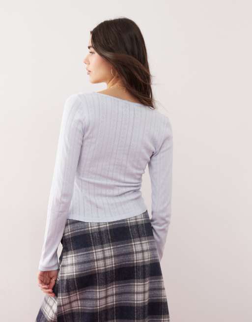 Miss Selfridge - Top van pointelle met overslag in babyblauw, 4 van 4