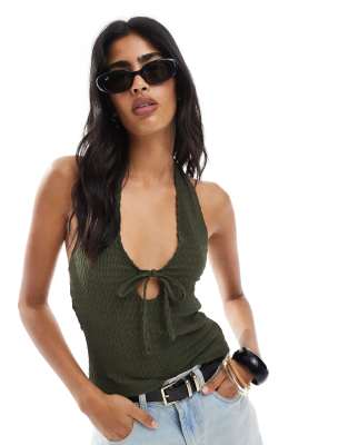 Miss Selfridge - Top verde oliva allacciato al collo - view 1