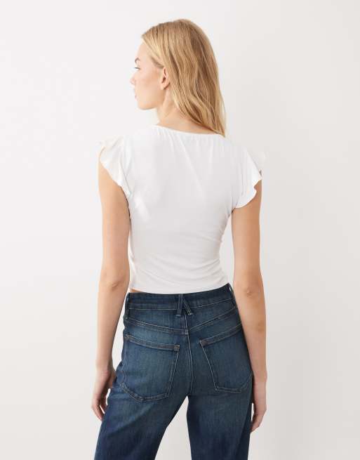 Miss Selfridge top with angel sleeves and lace trim in cream, 4 of 4