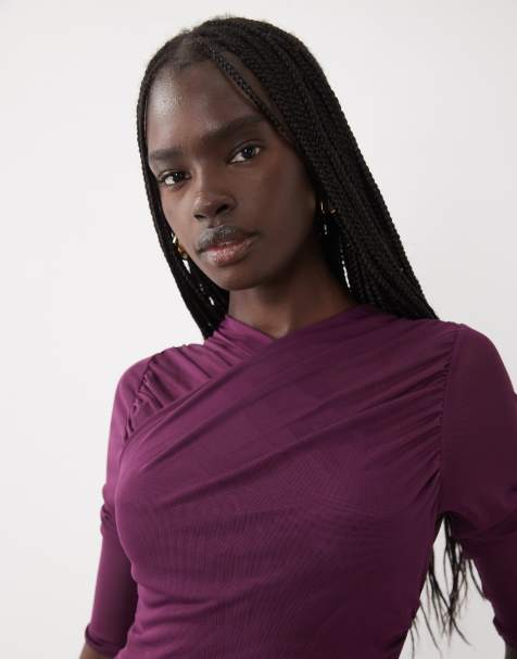 Miss Selfridge top with mesh overlay in burgundy - view 1
