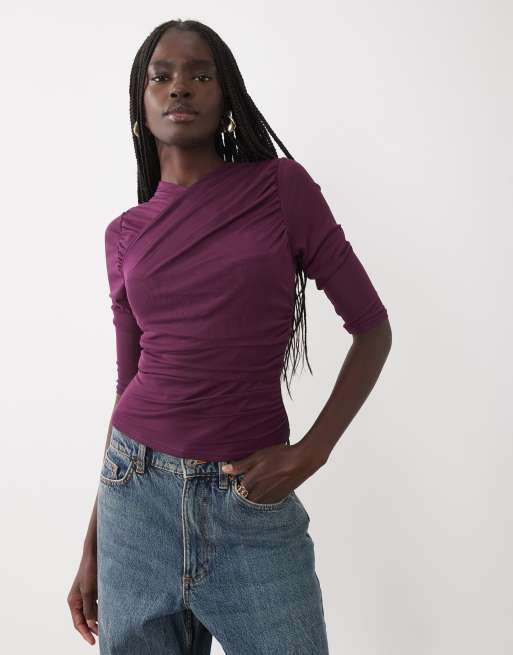 Miss Selfridge top with mesh overlay in burgundy, 2 of 4