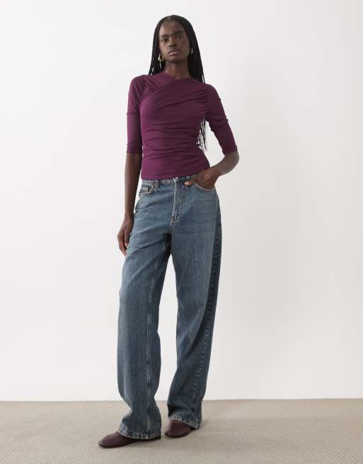 Miss Selfridge top with mesh overlay in burgundy, 3 of 4