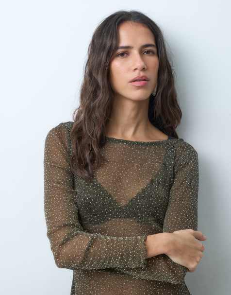 Miss Selfridge top z długim rękawem z siateczki hotfix w kolorze oliwkowym - view 1