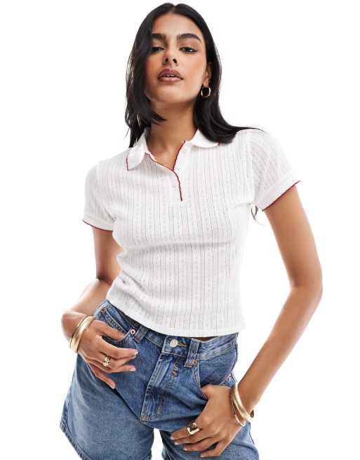 Miss Selfridge – Top z kołnierzykiem polo i z lamówkami z dzianiny pointelle w kolorze kości słoniowej