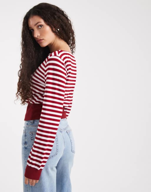 Miss Selfridge – Top z odsłoniętymi ramionami w bordowe paski, 4 z 4