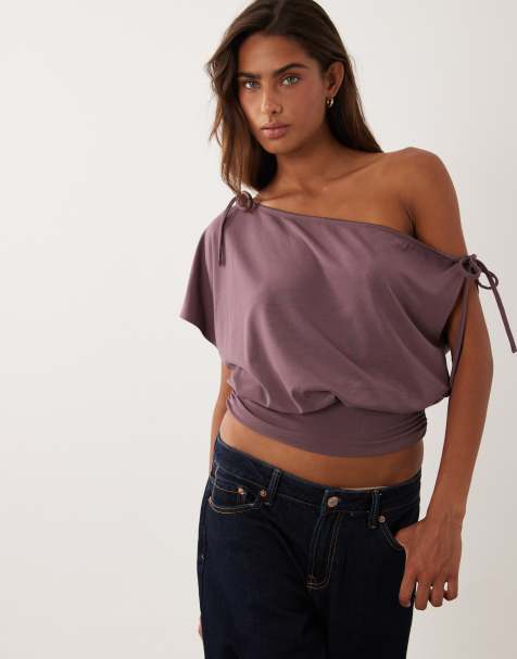 Miss Selfridge topp med bara axlar, rynkad midja och spetskant i mauve - view 1