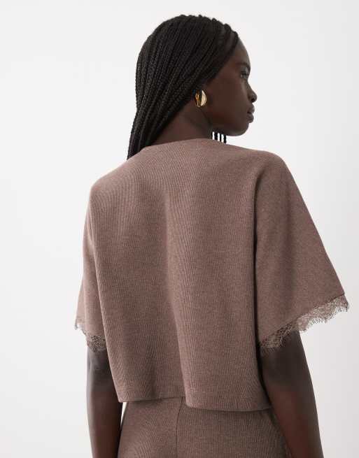 Miss Selfridge topp med batwingärm, knappar och spetskant i brunt, 4 av 4