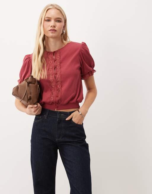 Miss Selfridge topp med knäppning framtill och puffärmar i rött, 2 av 4