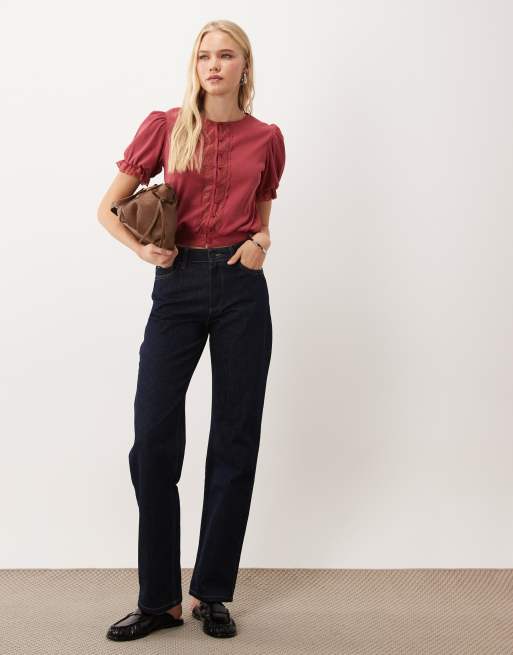 Miss Selfridge topp med knäppning framtill och puffärmar i rött, 3 av 4