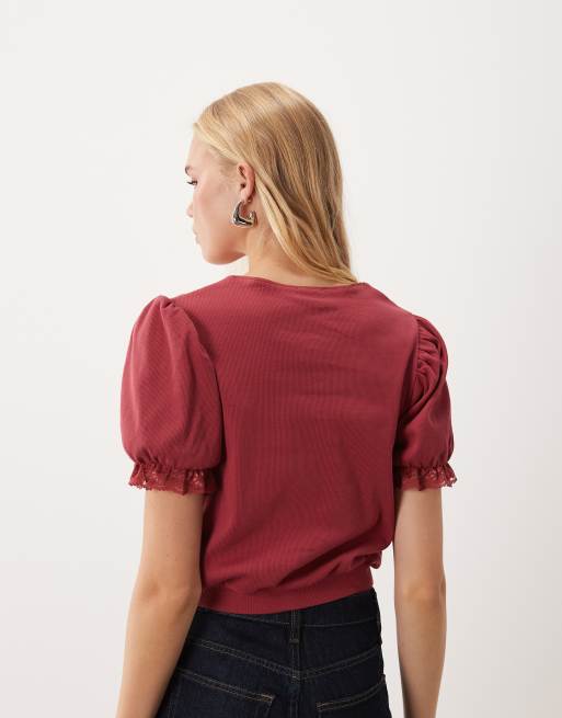 Miss Selfridge topp med knäppning framtill och puffärmar i rött, 4 av 4