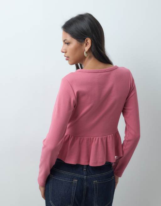 Miss Selfridge topp med långa ärmar och peplumfåll i rosa, 3 av 4