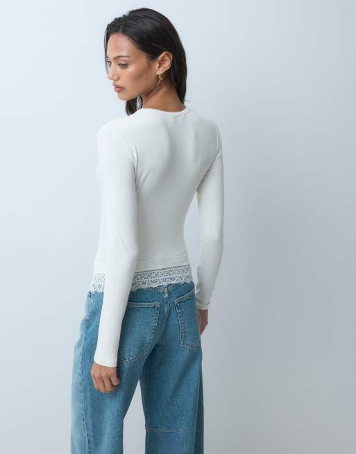 Miss Selfridge topp med spetskant och rund halsringning i antikvit, 4 av 5