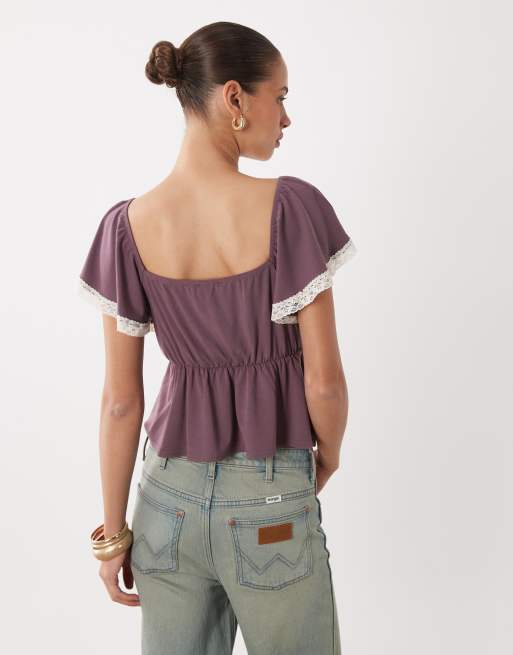 Miss Selfridge topp med utsvängda ärmar och spetskant i mauve, 4 av 4
